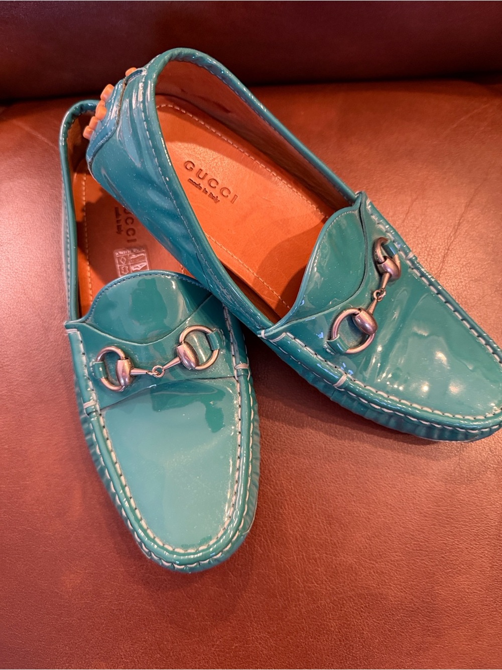 Gucci Teal Patent Leather Horsebit Loafers